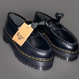 Dr. Martens Black Leather Tassel Platform Loafers with Yellow Stitching
